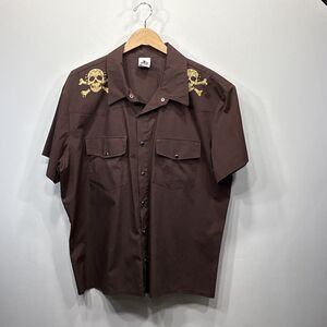VTG House of Blues Skull Pearl Snap Western Shirt Mens XXL Brown USA Lip Service